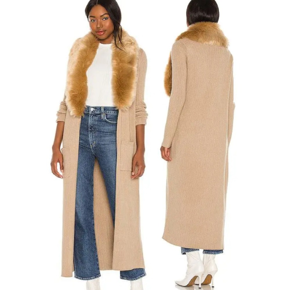 Show Me Your Mumu Lombardi Duster Cardigan Sz M Tan Faux Fur Ribbed Long Sweater
